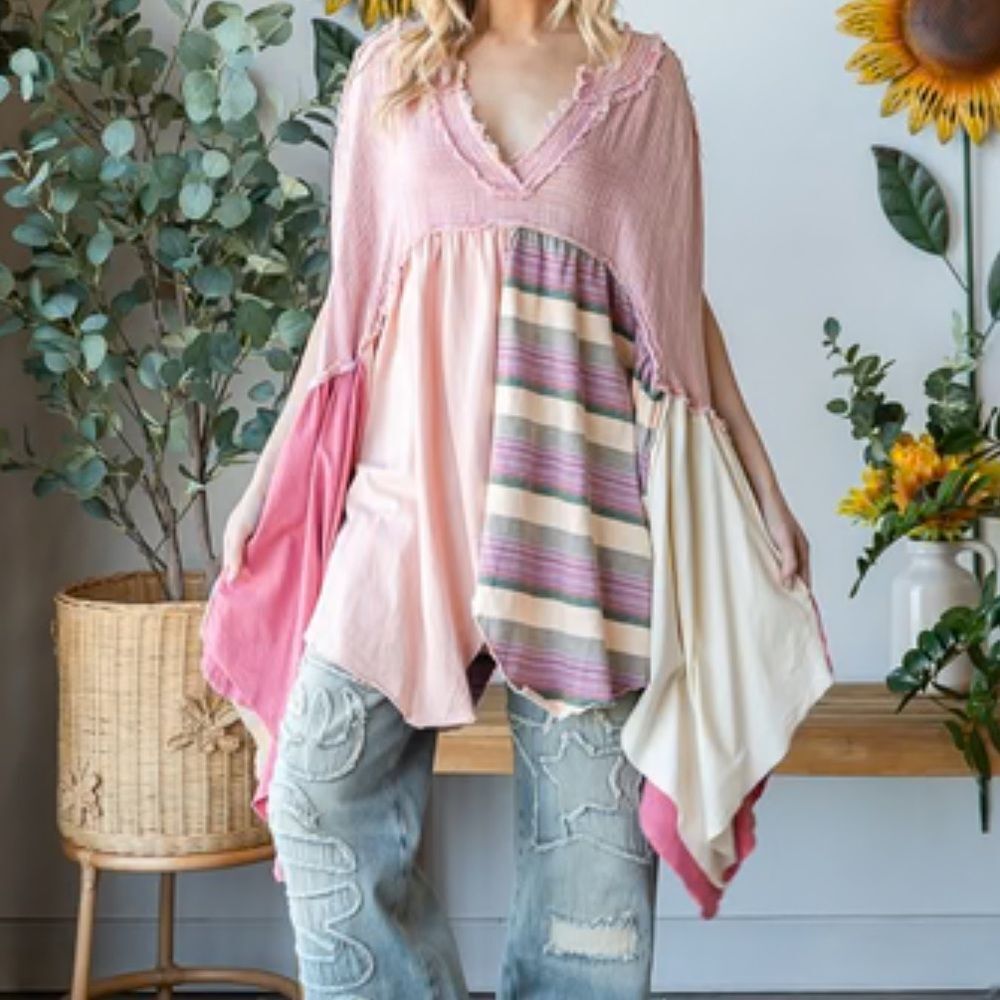 Oli & Hali Oversized Mixed Fabric Babydoll Top in Pink